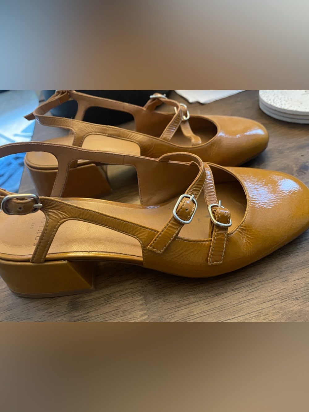 Sezane Souliers Paula Tan or mustard Double-Buckle Slingback Heels